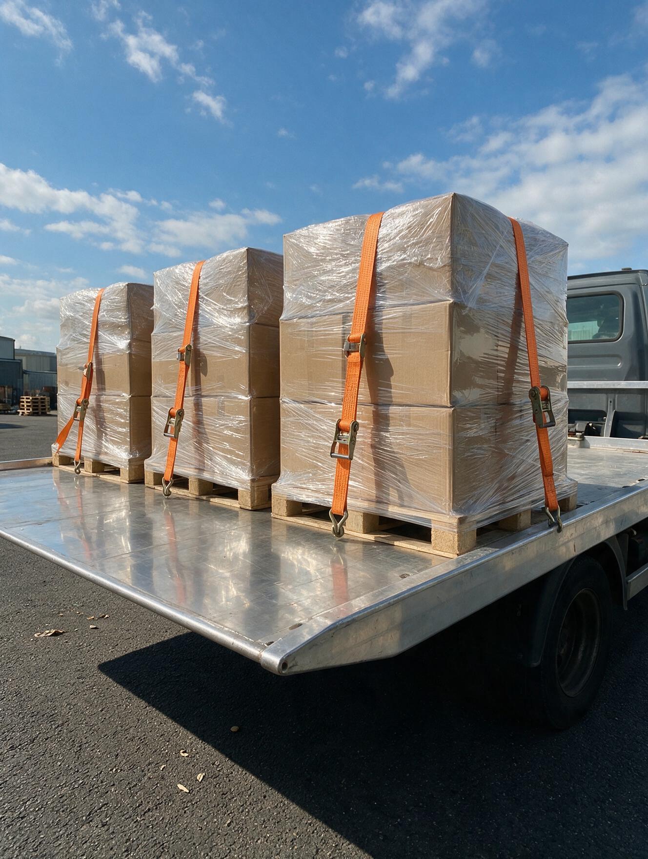 Palettes de marchandise sanglées sur la plateforme A2B